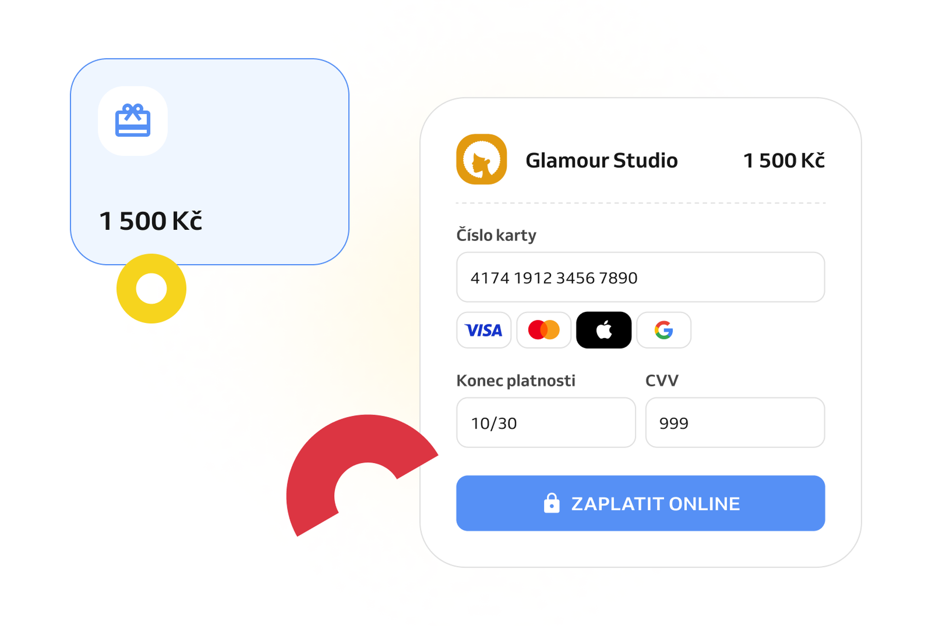 online platba kartou za dárkový poukaz v hodnotě 1 500 Kč