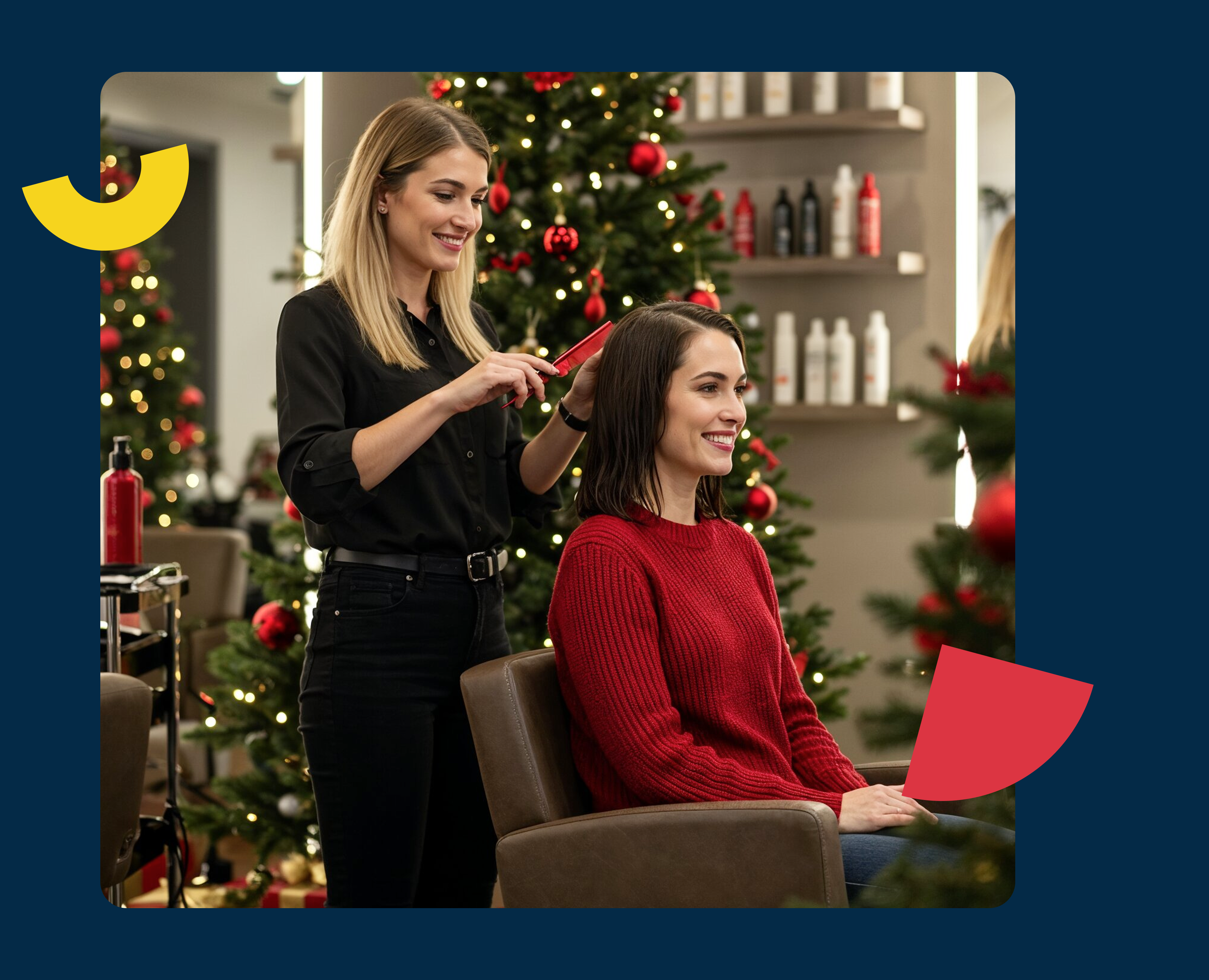 Hairdresser styling a client's hair in a salon decorated for Christmas