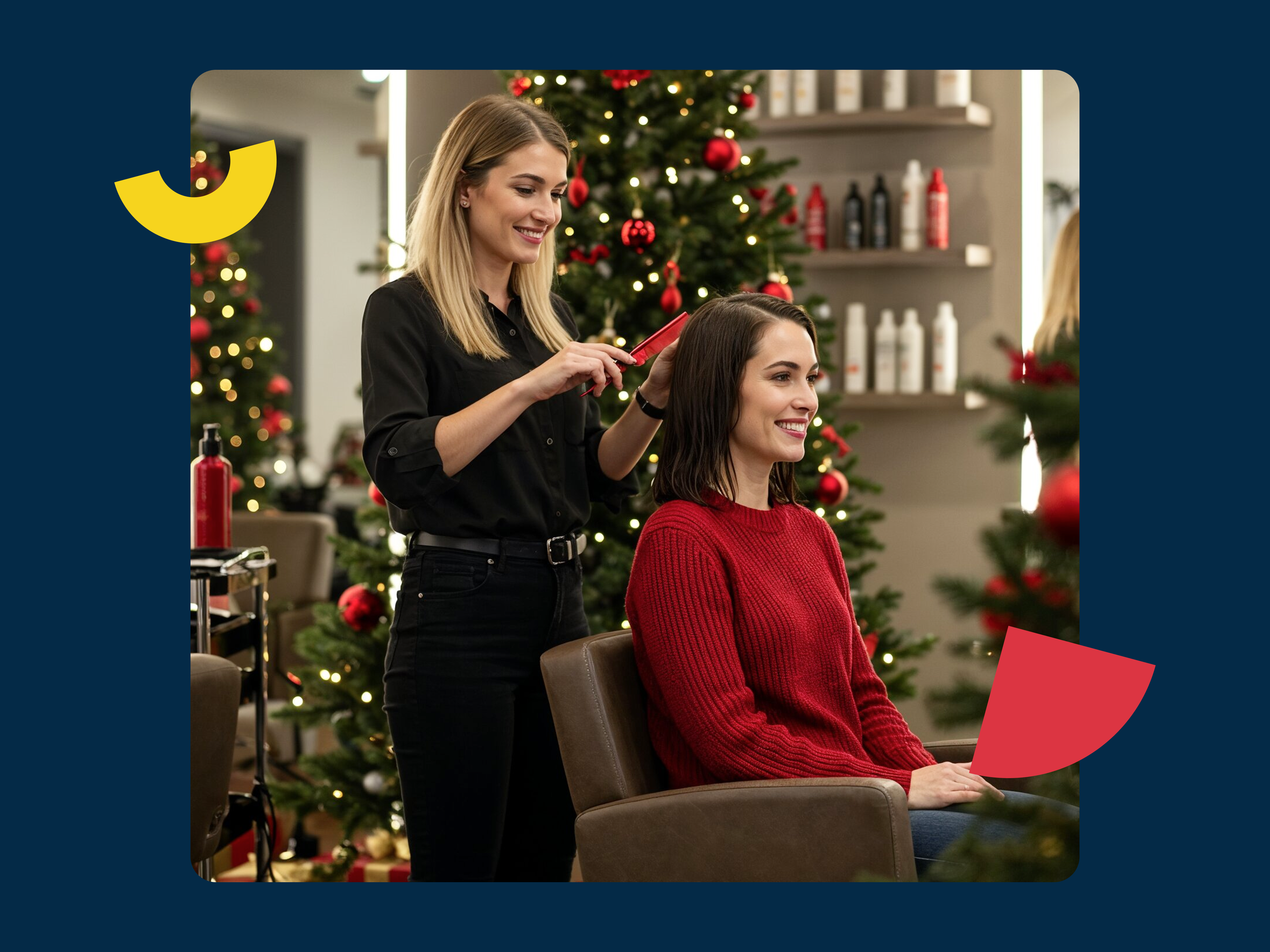 Hairdresser styling a client's hair in a salon decorated for Christmas