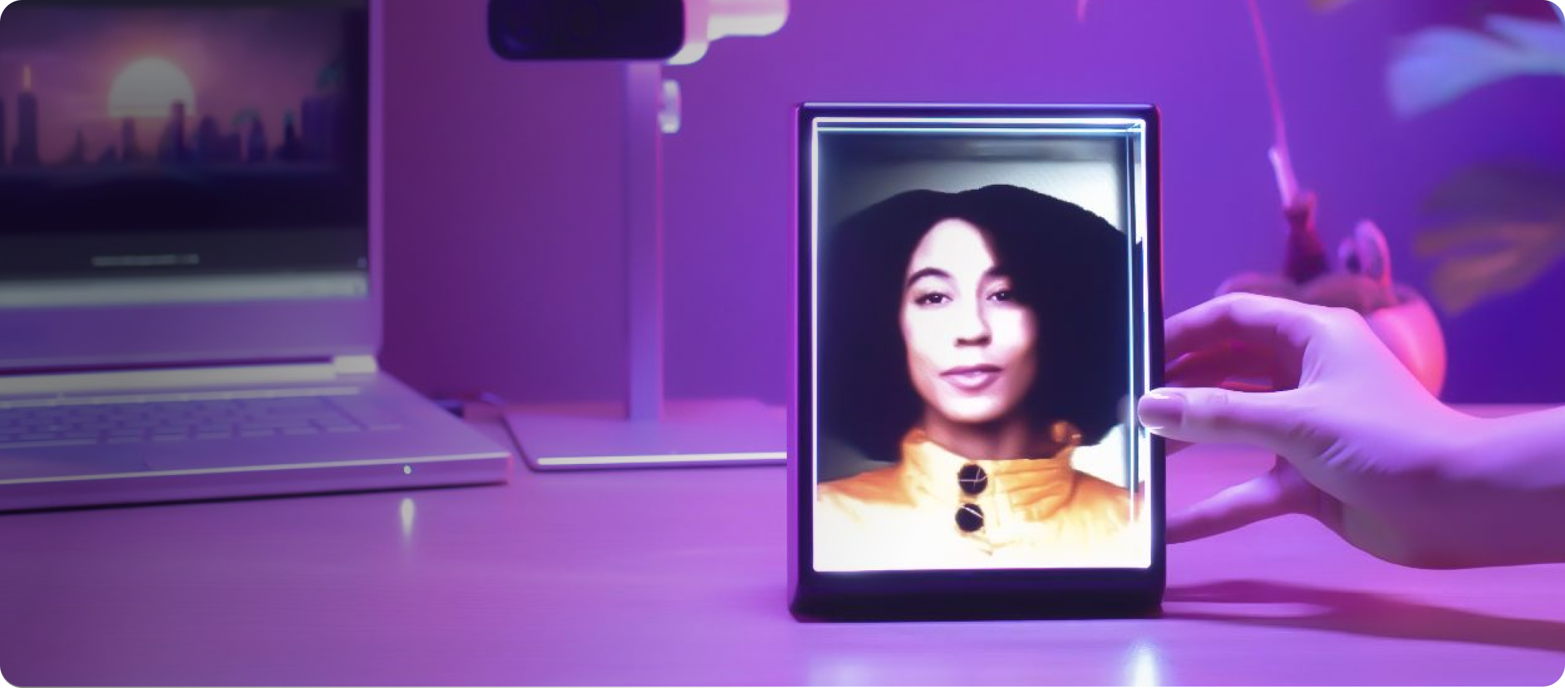 Pink filtered image with Hand placed on LKG Portrait with a woman with black hair displayed smiling
