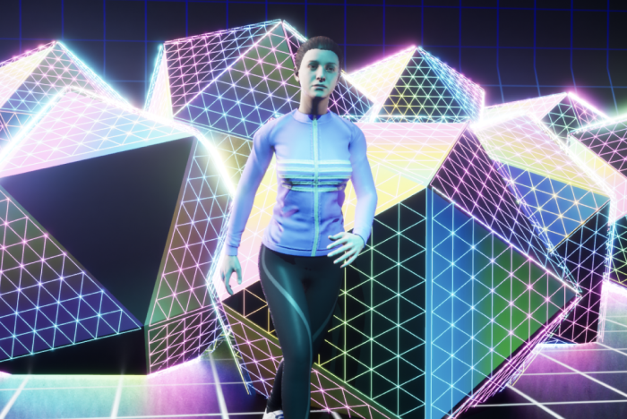 woman dancing with gradient shapes behind her