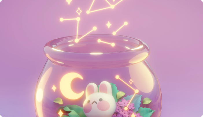 Glass terrarium filled with cute bunny character and constellations