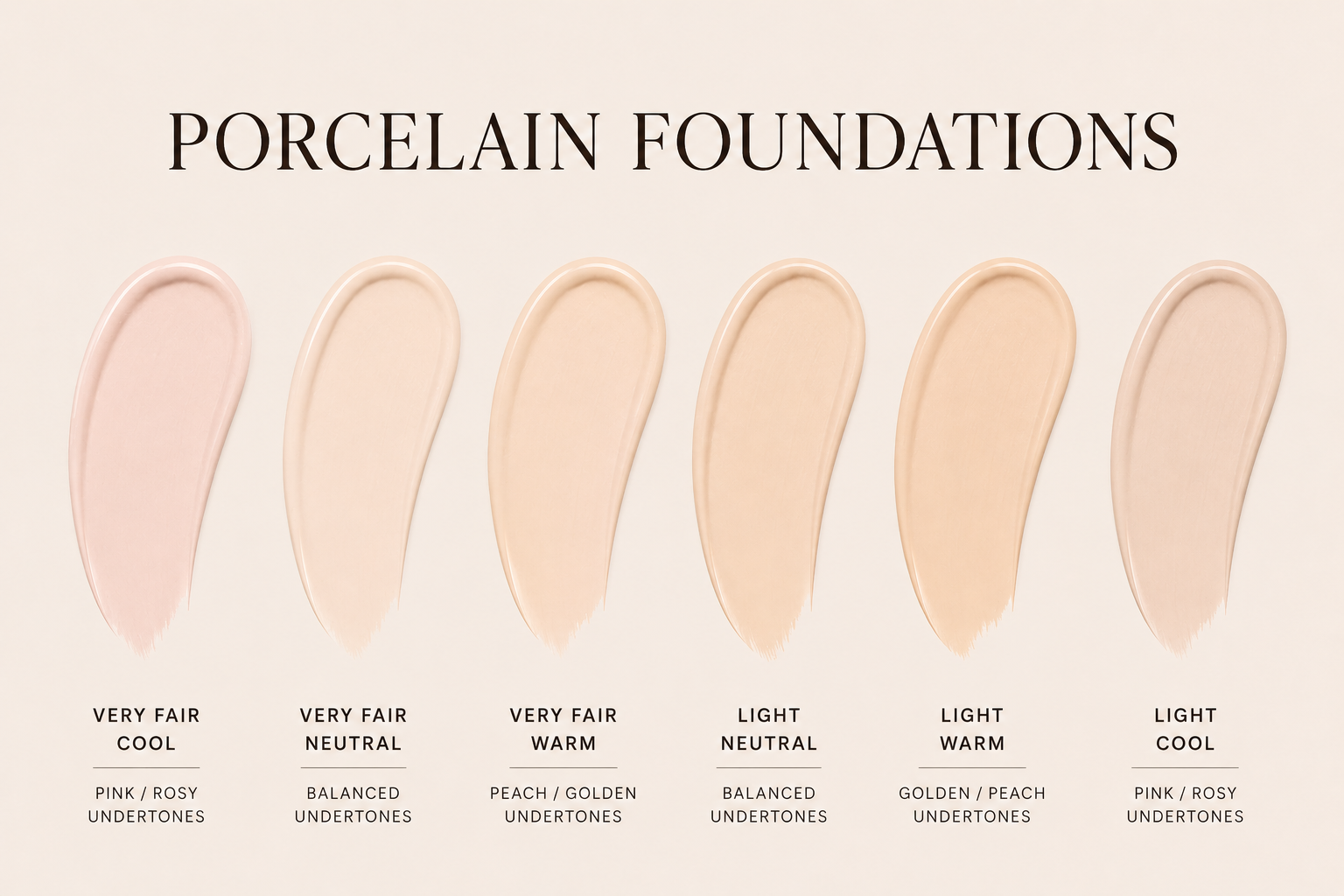 Porcelain foundation shades: Very Fair Cool, Very Fair Neutral, Very Fair Warm, Light Neutral, Light Warm, Light Cool with undertone descriptions.