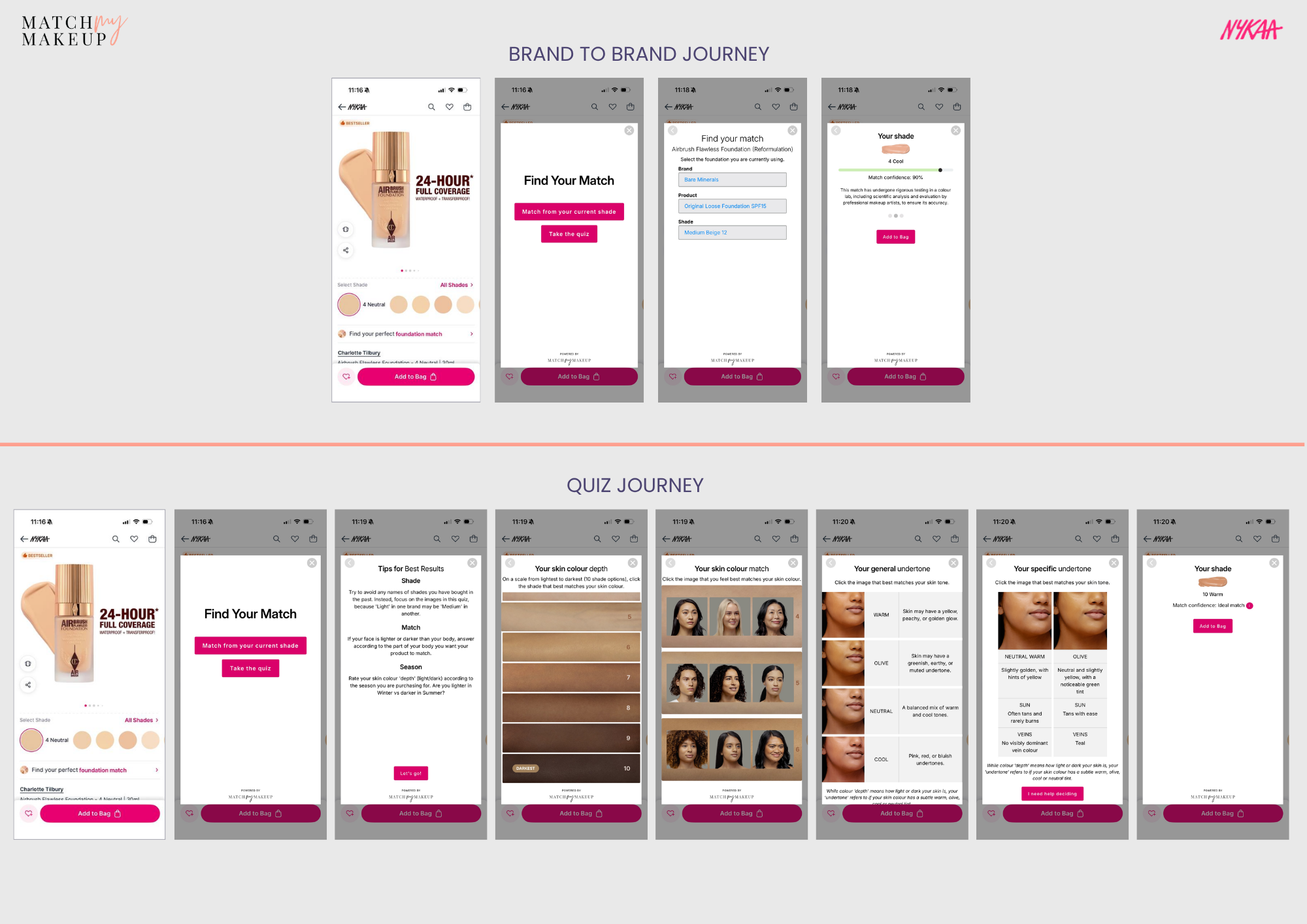 Nykaa x MMM Journey Two sets of smartphone screens display the Match My Makeup foundation match journey: one brand to brand, the other via quiz, both on the Nykaa beauty app.