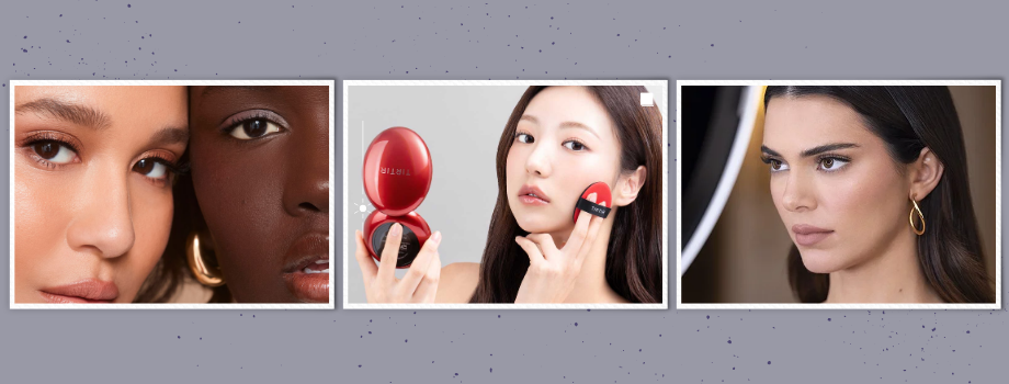 Three images: Close-up of diverse models with different skin tones, a person applying red compact makeup, and a woman with gold hoop earrings.