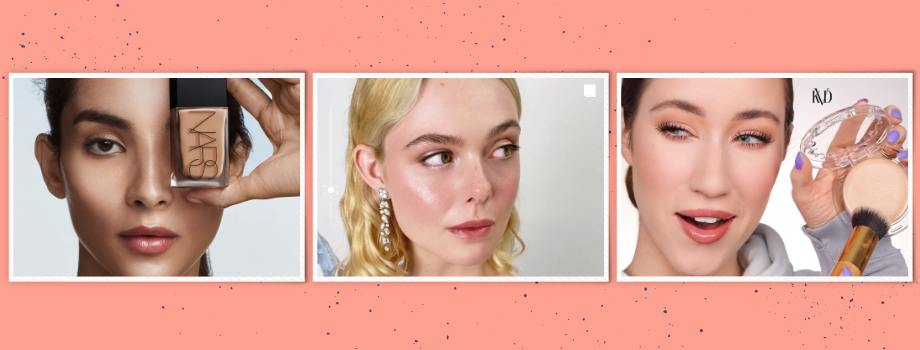 Three makeup images: a woman holding foundation, another with glowy skin and earrings, and a third applying powder with a brush.