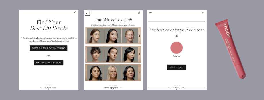 Image of a lip shade selection process showing different skin tones, a circular color swatch, and a lip product tube on the right.