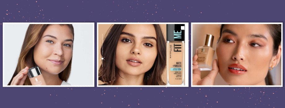 Three women showcasing different foundation products against a speckled purple background. Each holds a bottle near their face.