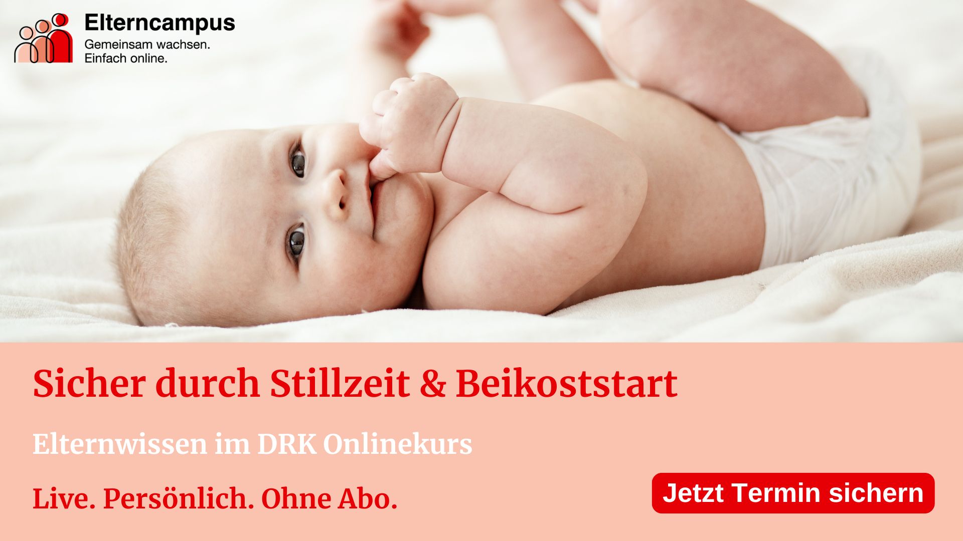 A baby lying on a white blanket with text promoting a course on breastfeeding and introducing solid foods.
