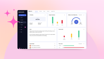 Teamwork.com professional services automation dashboard showing project profitability, budget breakdown, and billable vs non-billable time
