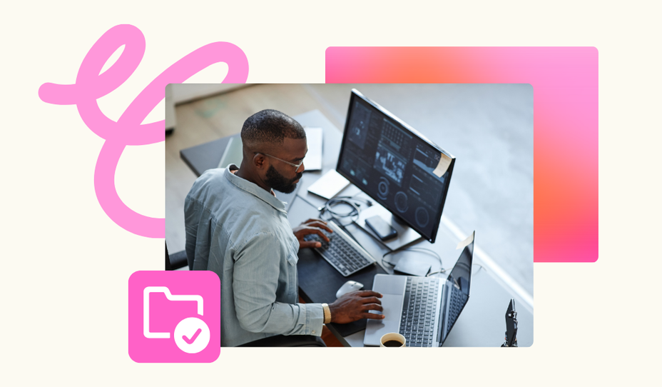 A professional workspace scene showing a person working efficiently at a multi-monitor setup, surrounded by modern design elements representing productivity and digital organization