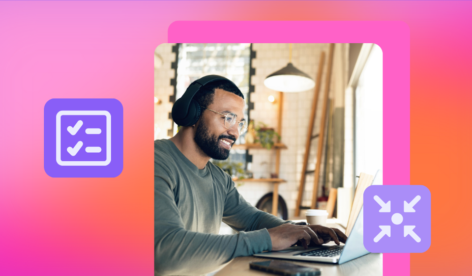 Smiling man in headphones working on a laptop, framed by task checklist and scheduling icons, for a guide to project scheduling tools