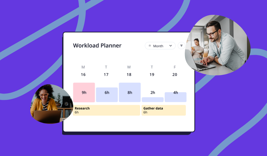 Teamwork.com workload management dashboard showing team members balanced across client projects by capacity