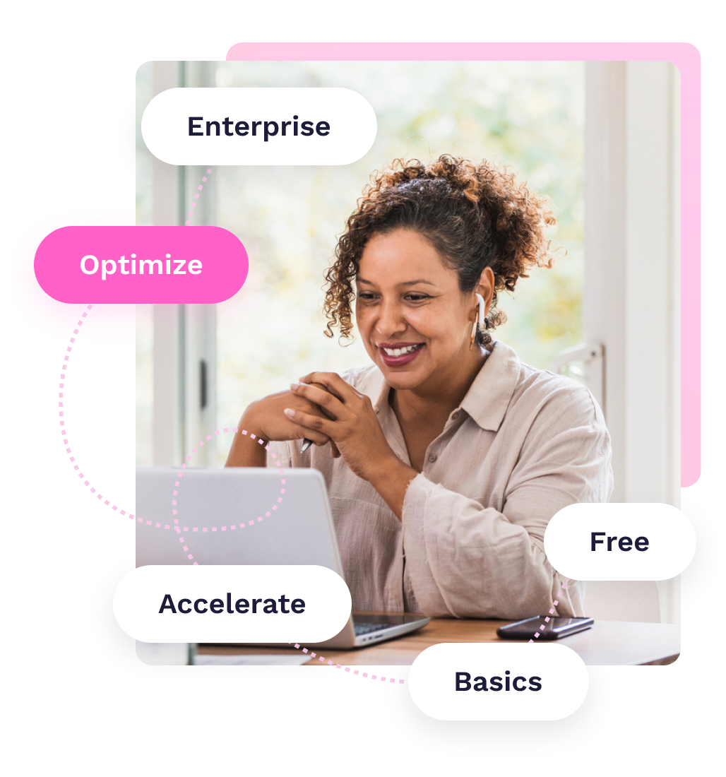 A smiling woman at a laptop representing Teamwork's pricing plans: Free, Basics, Accelerate, Optimize, and Enterprise