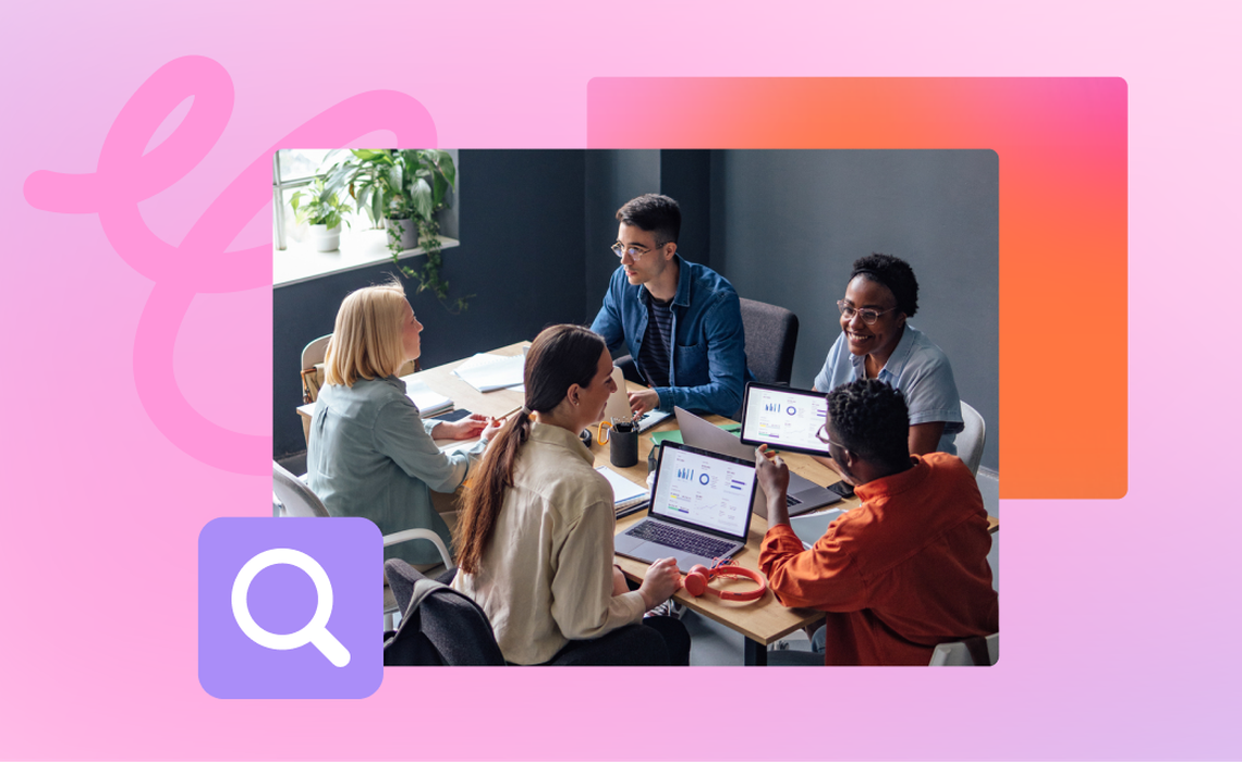 A diverse group of five people in a meeting room discussing and viewing graphs on laptops, with a colorful abstract background.