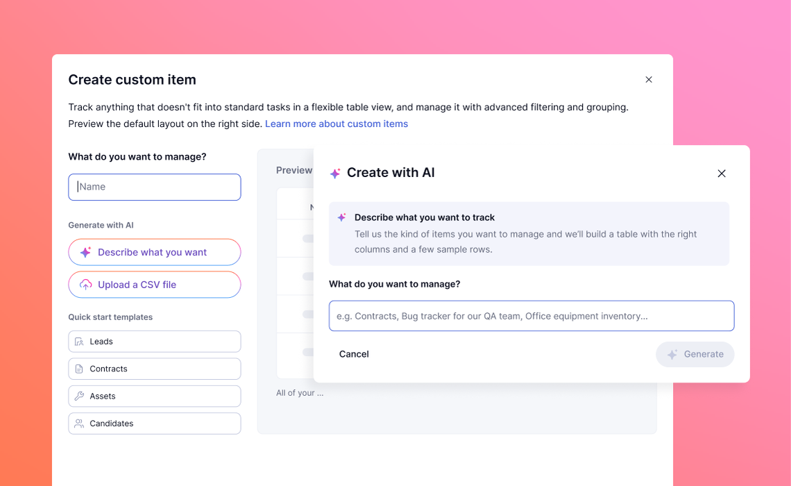 Teamwork.com interface for creating a custom item with AI, featuring text input options and quick start templates on a gradient pink background.