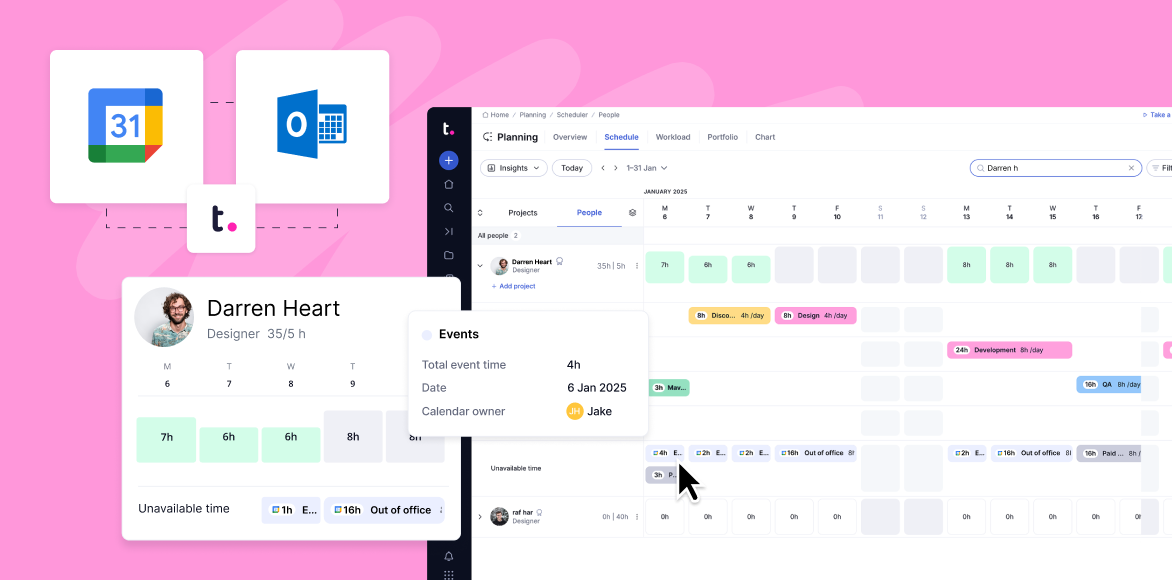 Interface showcasing scheduling and collaboration tools with calendar integrations and team availability on a pink background.