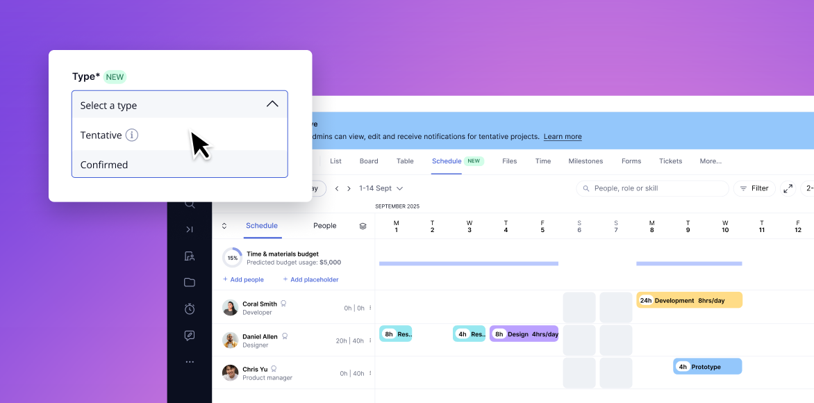 User interface of a scheduling app showing a dropdown menu with "Select a type" and a calendar with tasks and timelines.