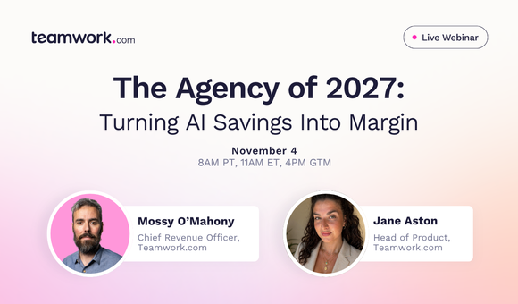 Webinar announcement titled "The Agency of 2027: Turning AI Savings Into Margin" featuring Mossy O’Mahony and Jane Aston, scheduled for November 4.