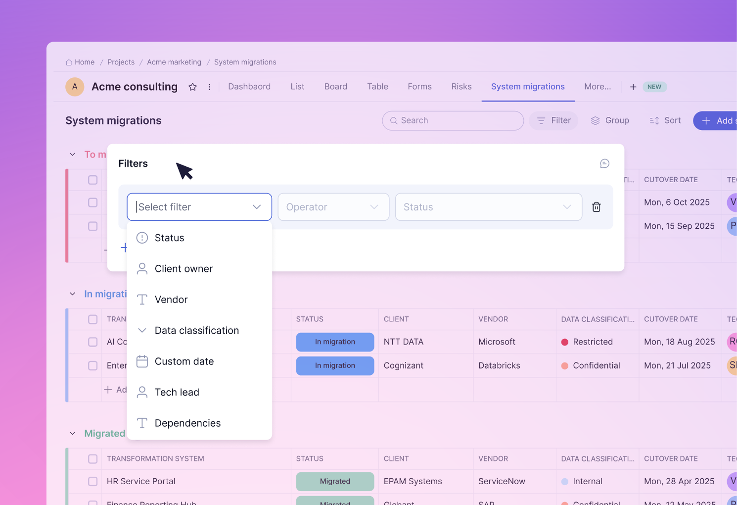 Teamwork.com dashboard showing a filter selection menu with options like status, client owner, and vendor over a task list.