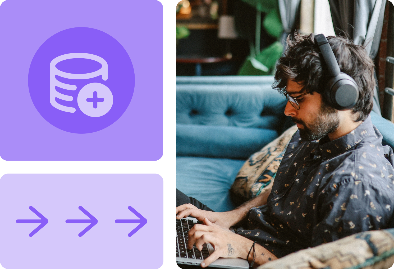 A person with headphones works on a laptop while seated on a sofa. An adjacent graphic shows a database symbol and arrows.