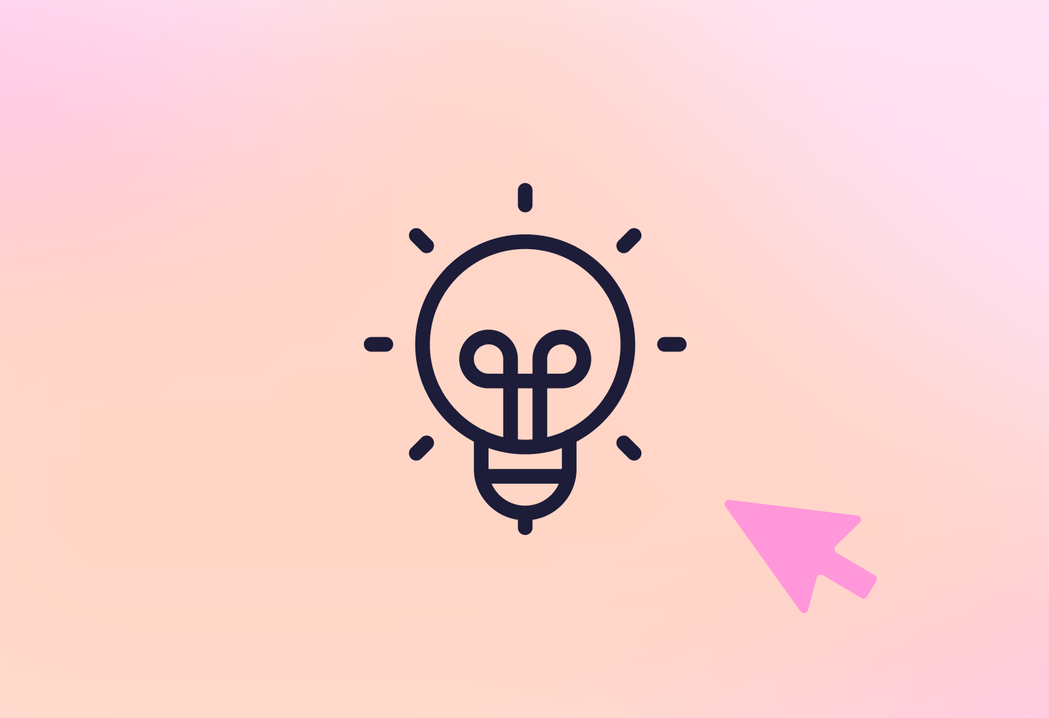 Outlined light bulb icon with radiating lines and a pink cursor on a soft pink gradient background.