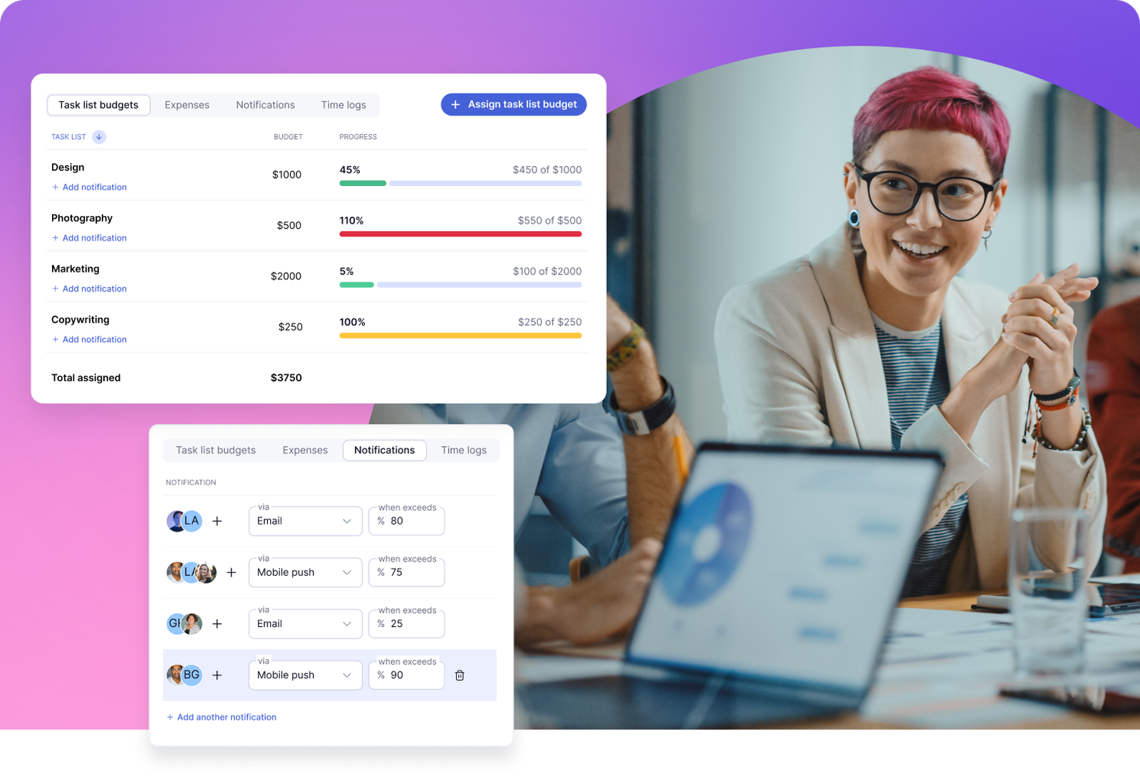 Teamwork.com's Budget Tracking checks spend against billable and cost rates as the work happens, flagging overspend before it becomes a problem instead of waiting for a month-end reconciliation.