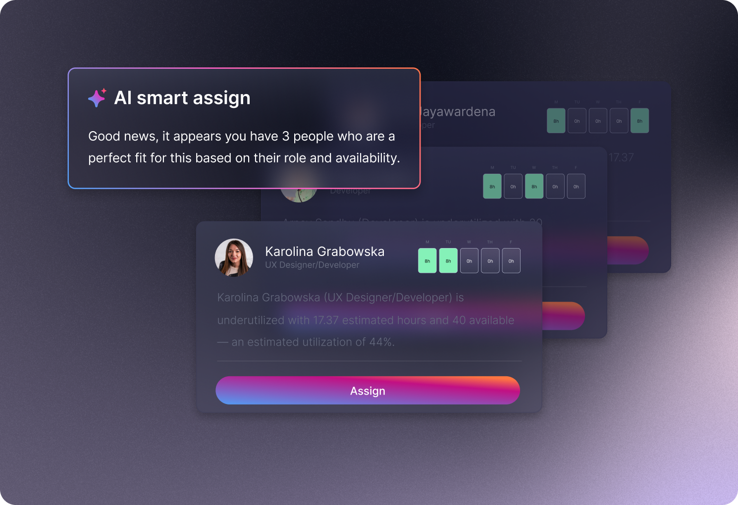 Teamwork.com AI smart assign notification shows available profiles matching task requirements, highlighting Karolina Grabowska's underutilized hours.