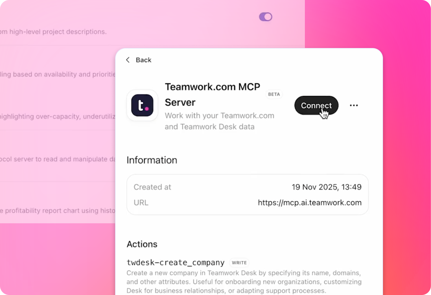 Interface showing Teamwork.com MCP Server connection, with a "Connect" button highlighted.
