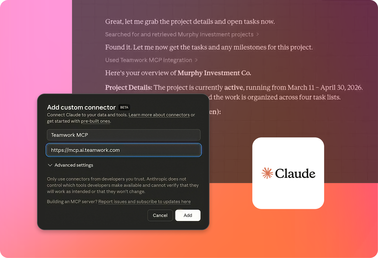 Interface showing a custom connector setup for "Claude" with instructions and a URL input field for Teamwork MCP.