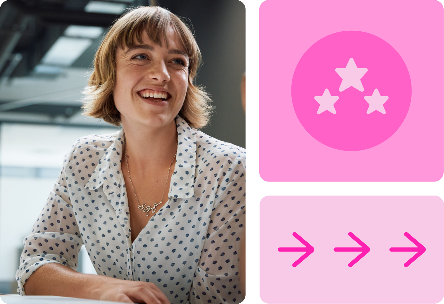 Smiling woman in a patterned blouse, with pink graphics of stars and arrows beside her.