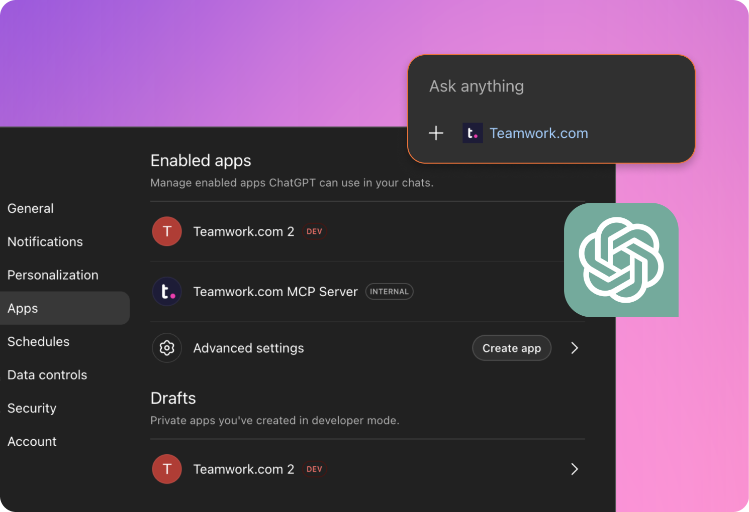 Teamwork.com user interface showing ChatGPT settings with enabled apps, against a purple gradient background.