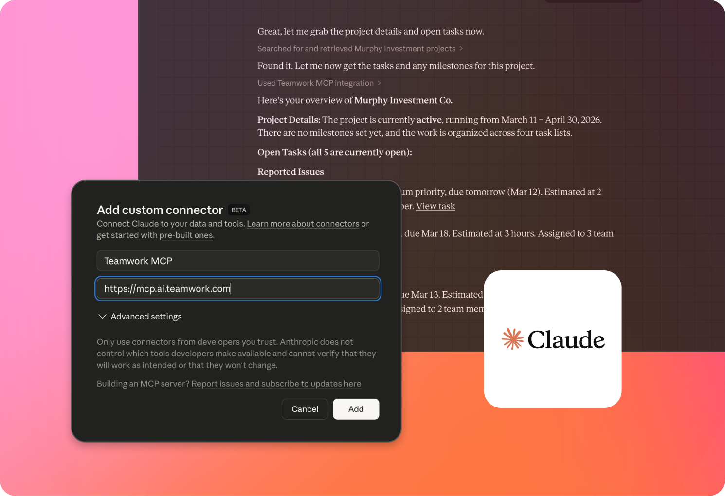 Interface showing a custom connector setup for "Claude" with instructions and a URL input field for Teamwork MCP.