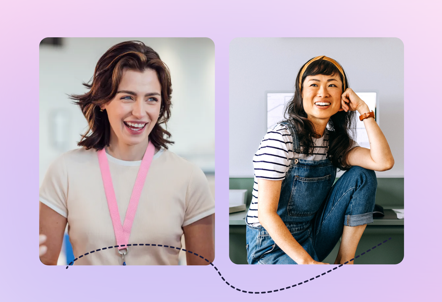 Two women smiling; one wearing a pink lanyard from Teamwork.com, the other in a striped shirt and overalls, sitting on a desk.