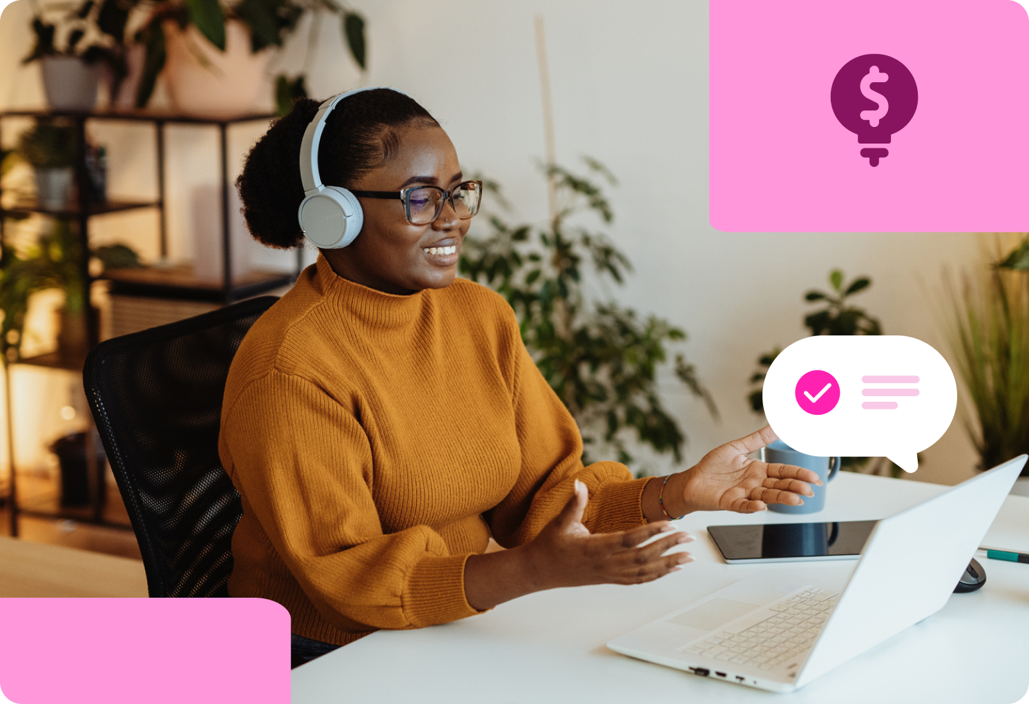 Person wearing headphones, sitting at a desk with a laptop, gesturing while video conferencing. Pink icons of a coin and message overlay the image.