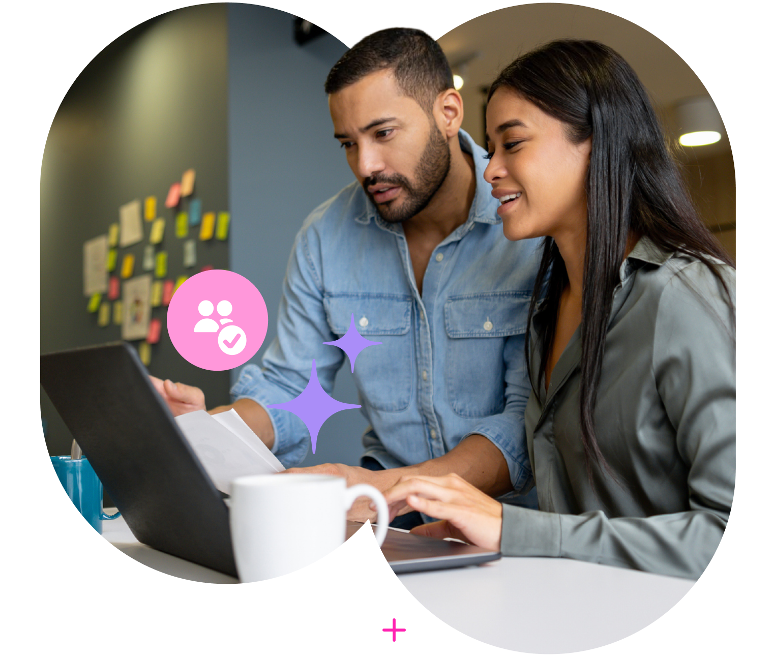 Man and woman collaborating at a laptop in an office, with sticky notes on the wall and digital teamwork icons.