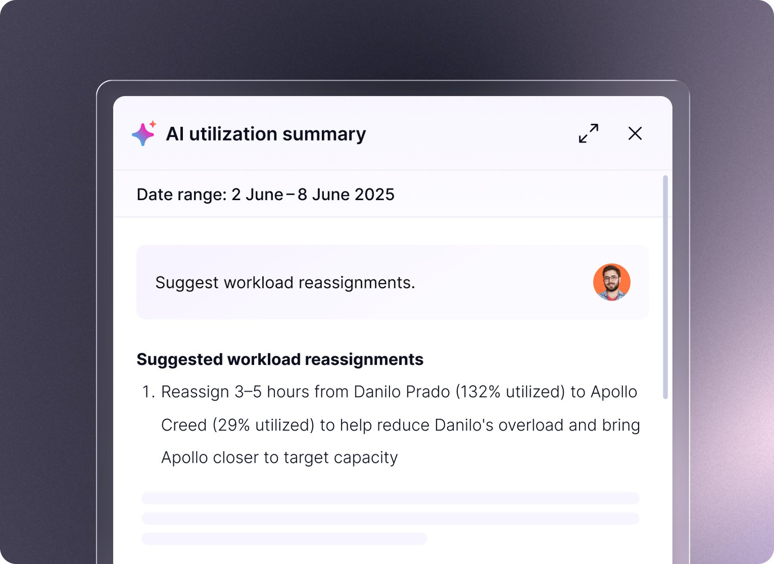 Teamwork.com AI utilization summary screen suggesting workload reassignments from Danilo Prado to Apollo Creed to balance workload capacity, dated June 2025.