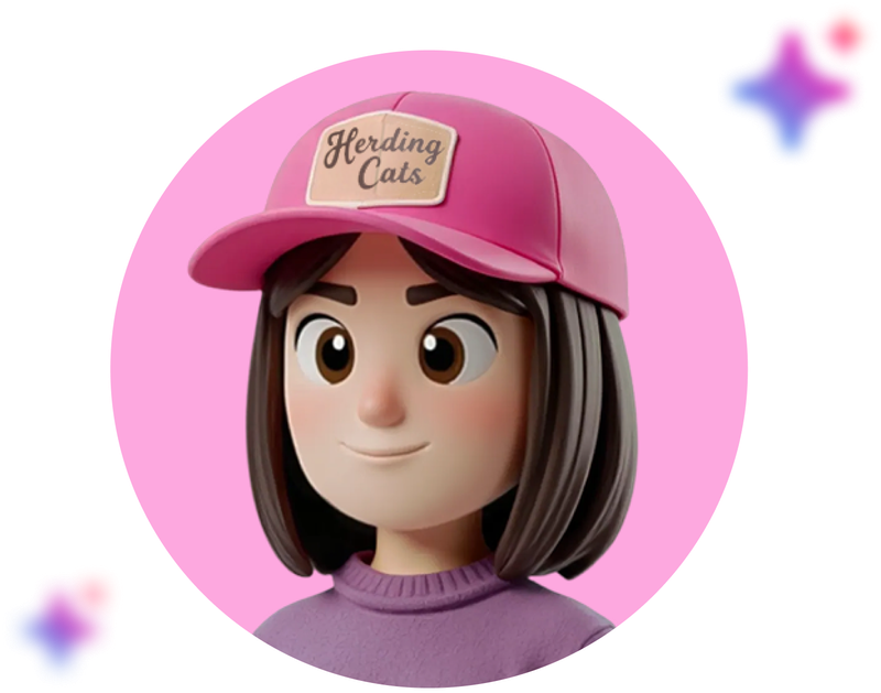 3D character with a pink "Herding Cats" cap, brown hair, and a purple shirt. Pink background with colorful abstract shapes.