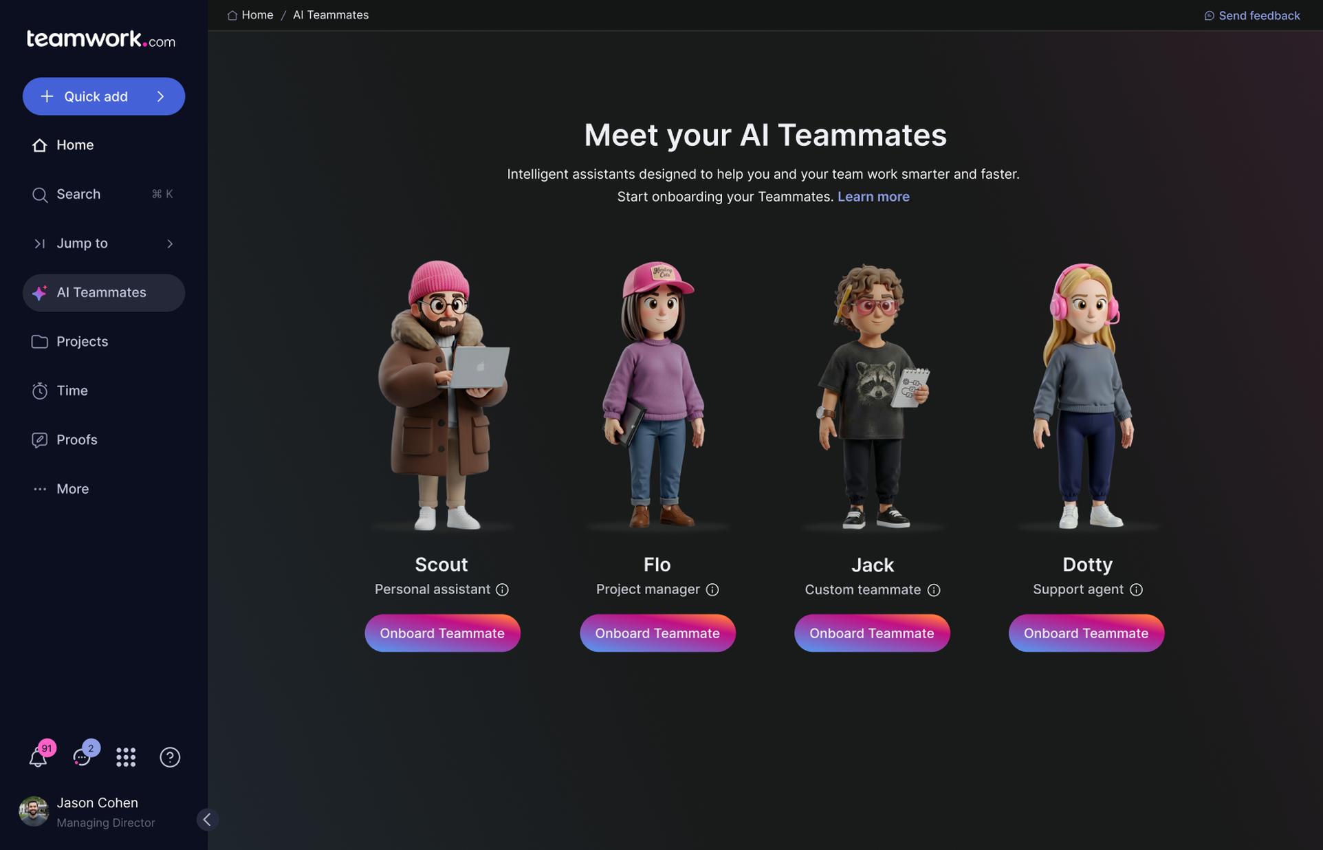 Cartoon avatars of AI teammates: Scout, Flo, Jack, and Dotty, each with a role and a button to "Onboard Teammate" against a dark background.