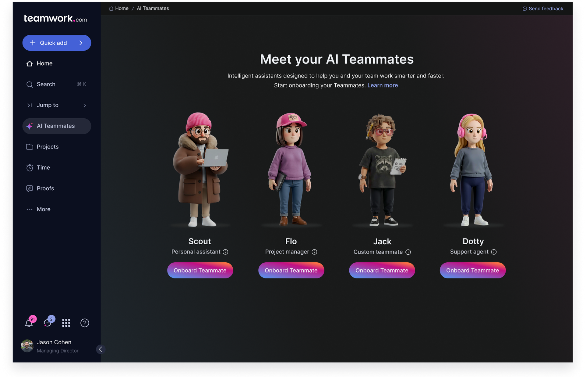 Cartoon avatars of AI teammates: Scout, Flo, Jack, and Dotty, each with a role and a button to "Onboard Teammate" against a dark background.
