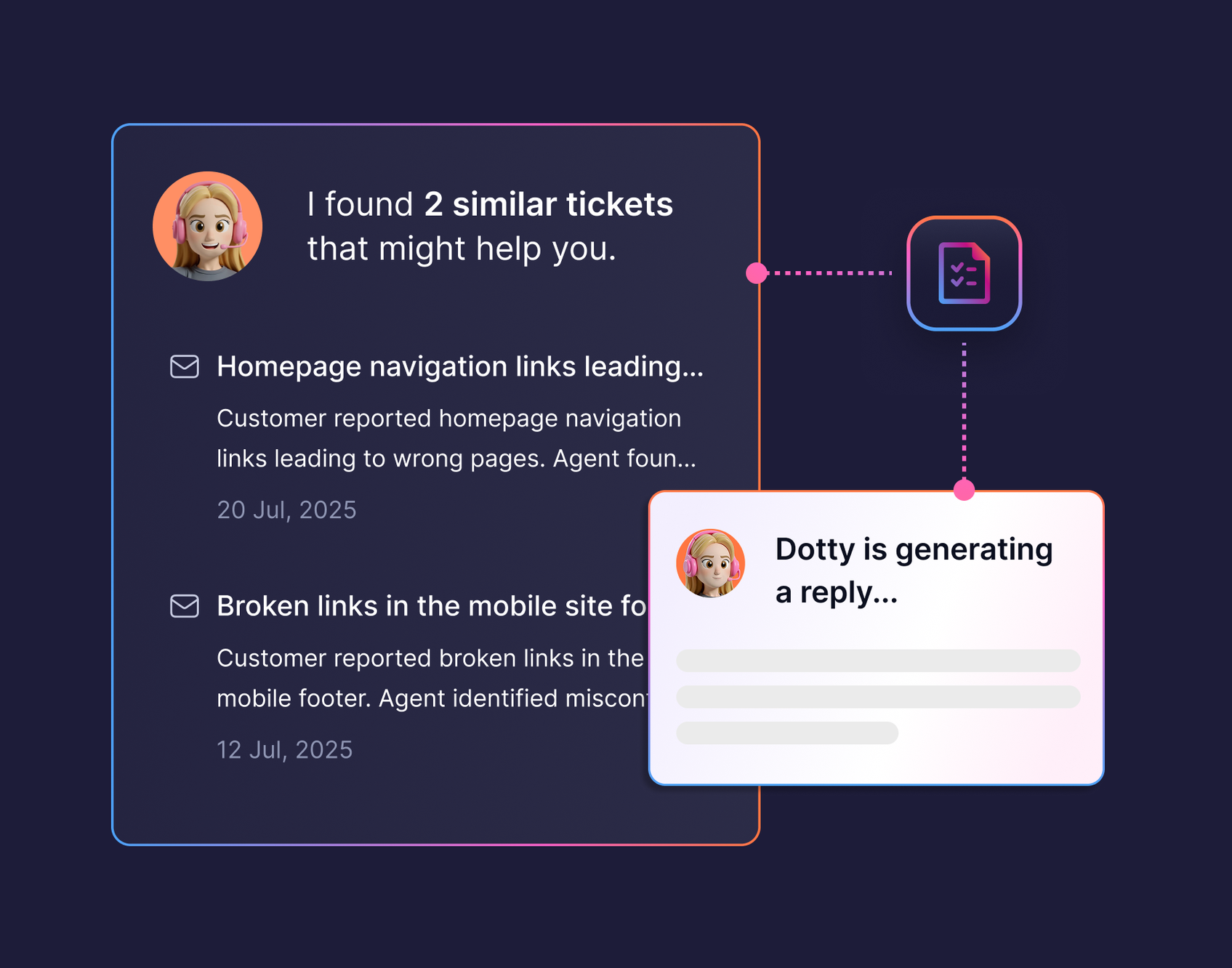 Chat interface showing two similar support tickets about navigation issues. An avatar labeled "Dotty is generating a reply..." is featured.