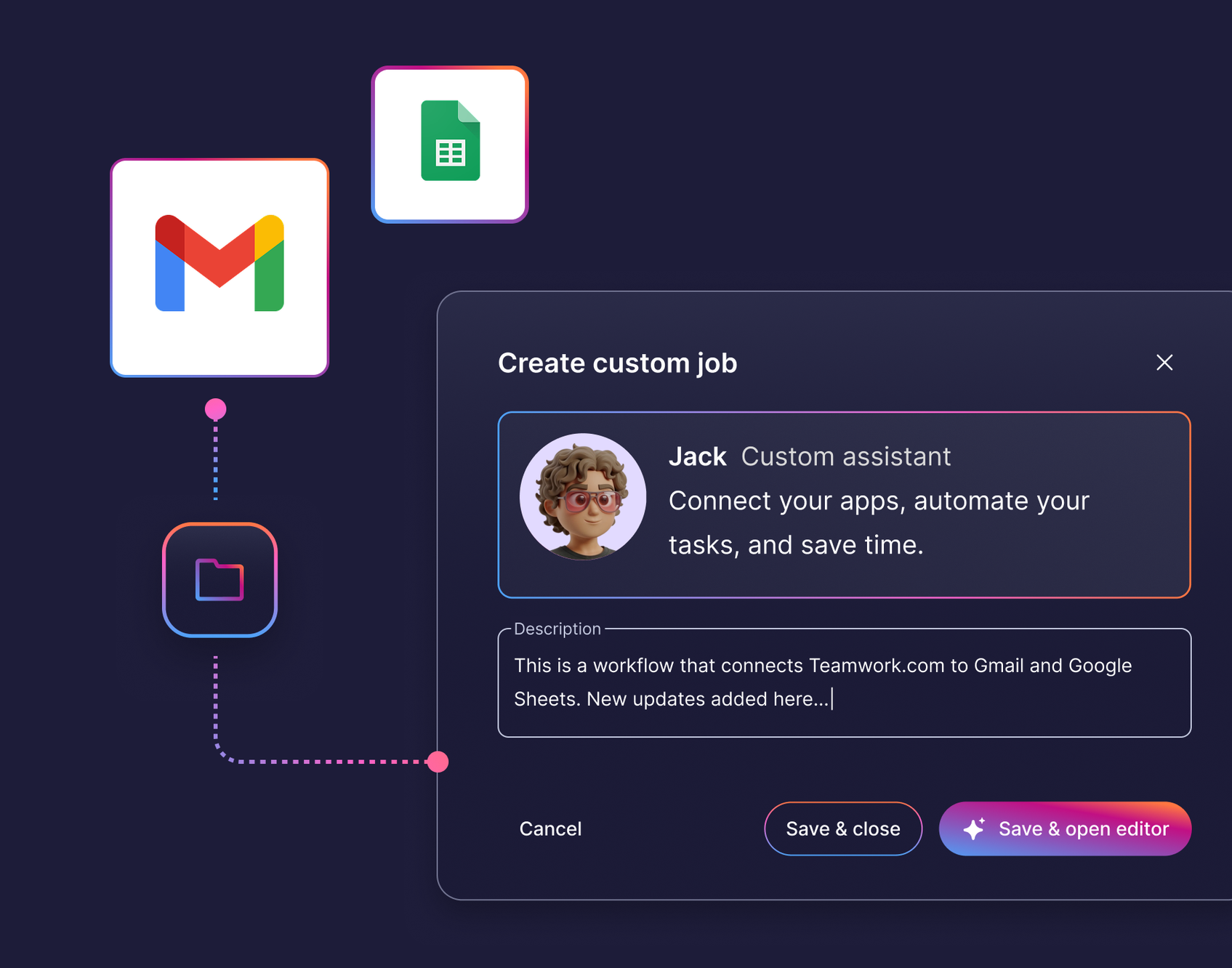 Interface showing app integration workflow. Icons of Gmail, Google Sheets, and a folder are connected, with a "Create custom job" panel displayed.