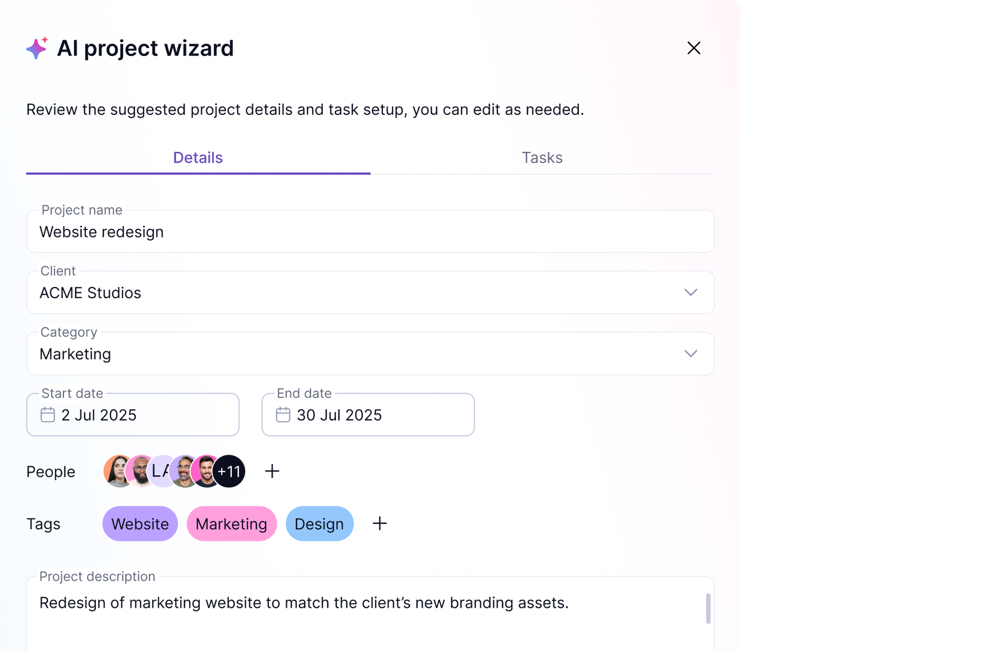 Teamwork.com AI project wizard interface with fields for project name, client, category, dates, tags, and project description.