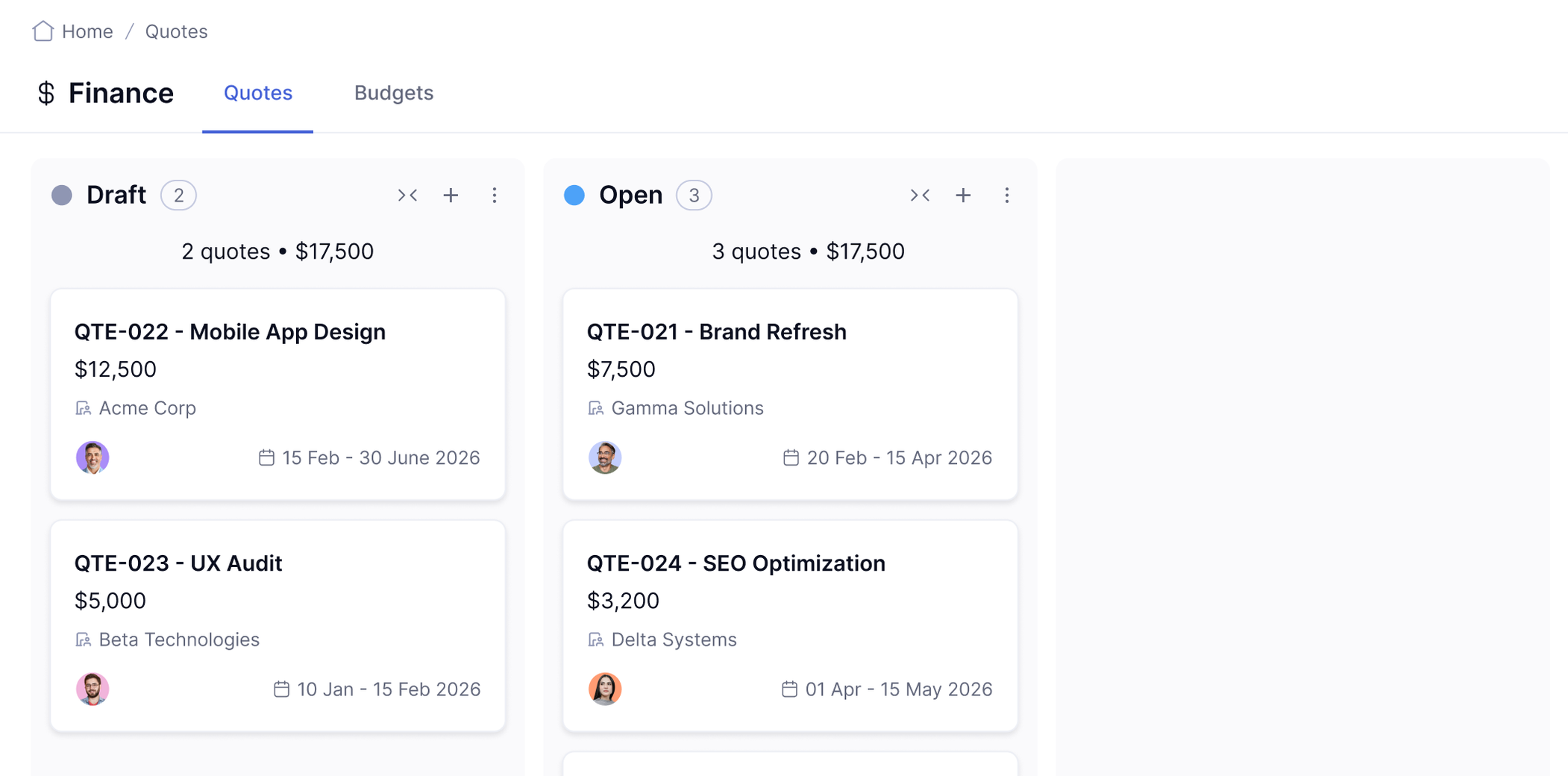 Teamwork.com dashboard showing finance quotes for mobile app design, UX audit, brand refresh, and SEO optimization, organized by draft and open status.