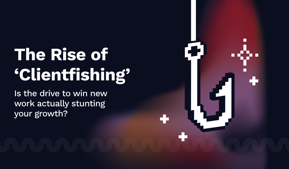 Pixelated fishing hook with text: "The Rise of 'Clientfishing'—Is the drive to win new work actually stunting your growth?" on a dark background.