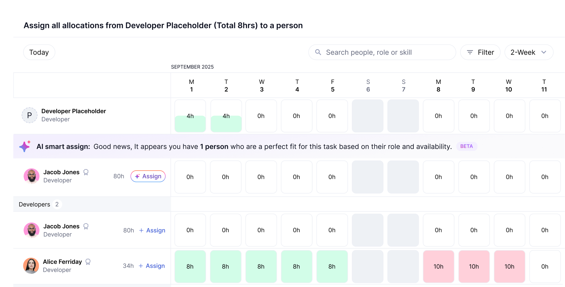 Teamwork.com task allocation dashboard showing AI Smart Assign recommending available team members for a new task.