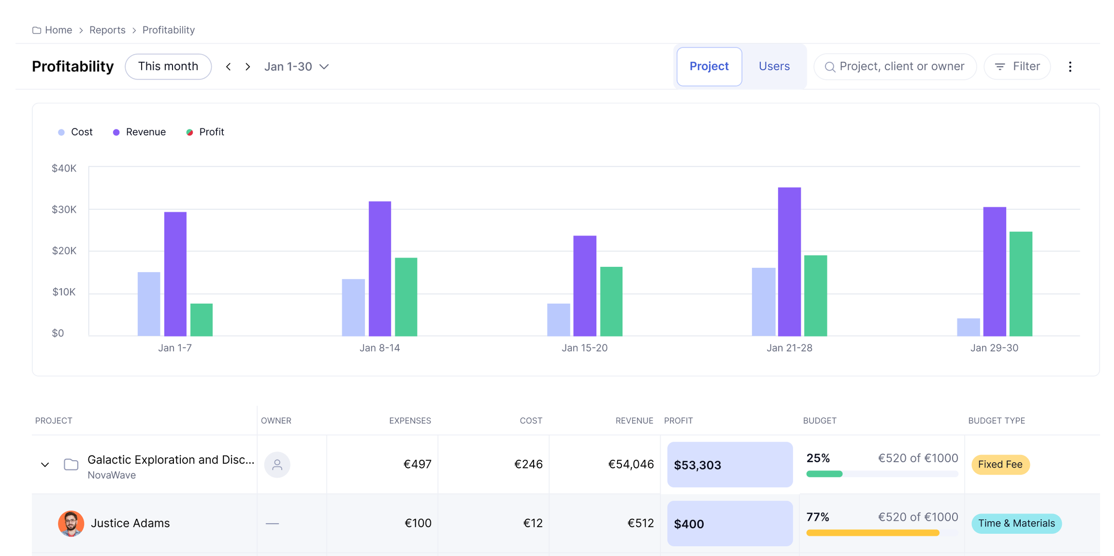 Teamwork.com bar chart showing cost, revenue, and profit over January dates with a table detailing project expenses, revenue, profit, budget, and types.