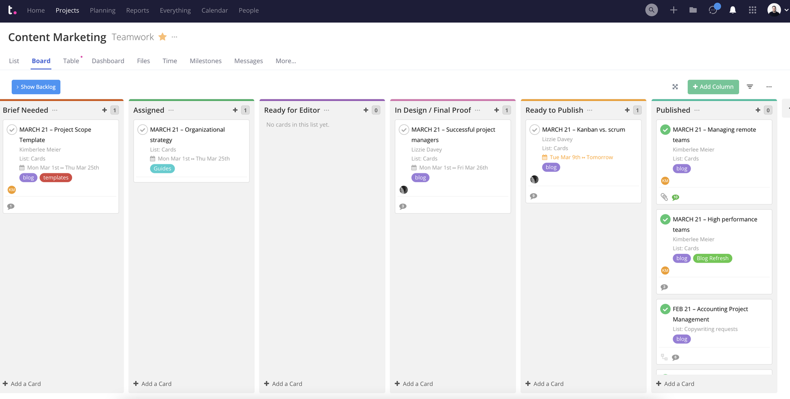 Content Marketing Example of a Kanban Board View in Teamwork