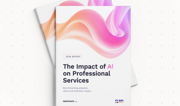 Two overlapping reports titled "The Impact of AI on Professional Services" with a colorful abstract design on the cover, by Teamwork and SPI.