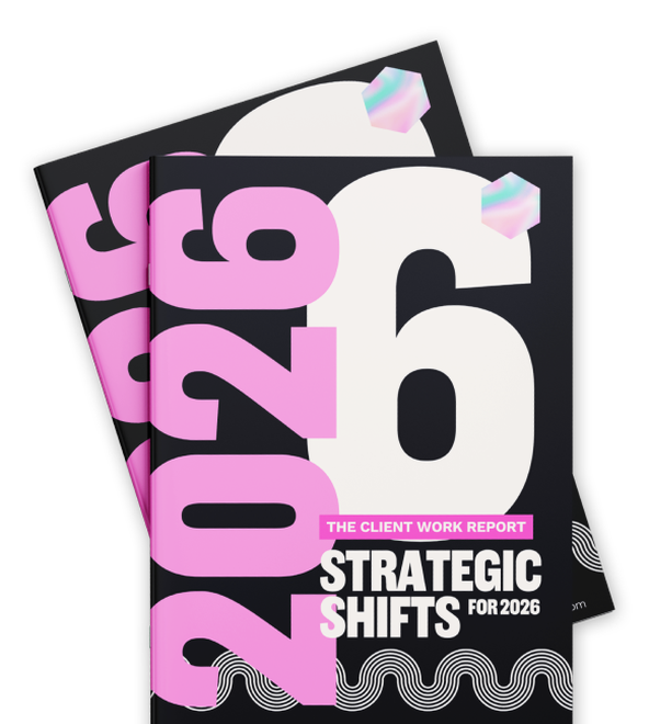 Two overlapping reports titled "Strategic Shifts for 2026" with bold pink and white design elements on a black background.